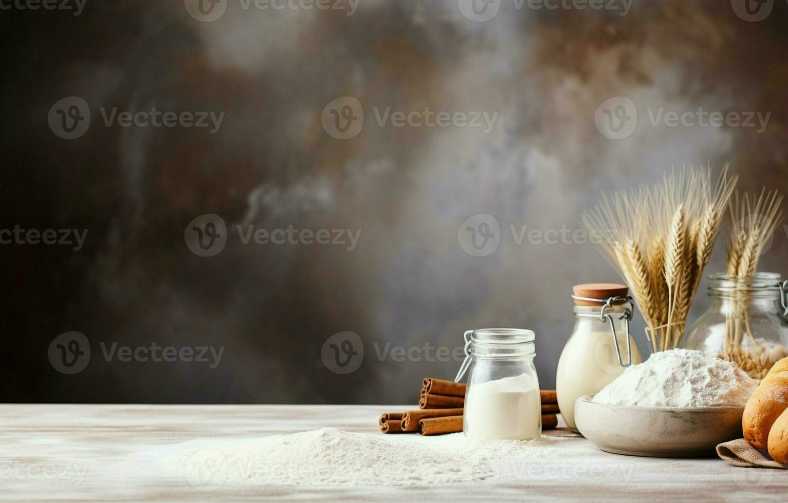 horneando antecedentes. Cocinando ingredientes para masa, huevos, harina, azúcar, manteca, laminación alfiler en blanco estilo cocina. ai generativo foto