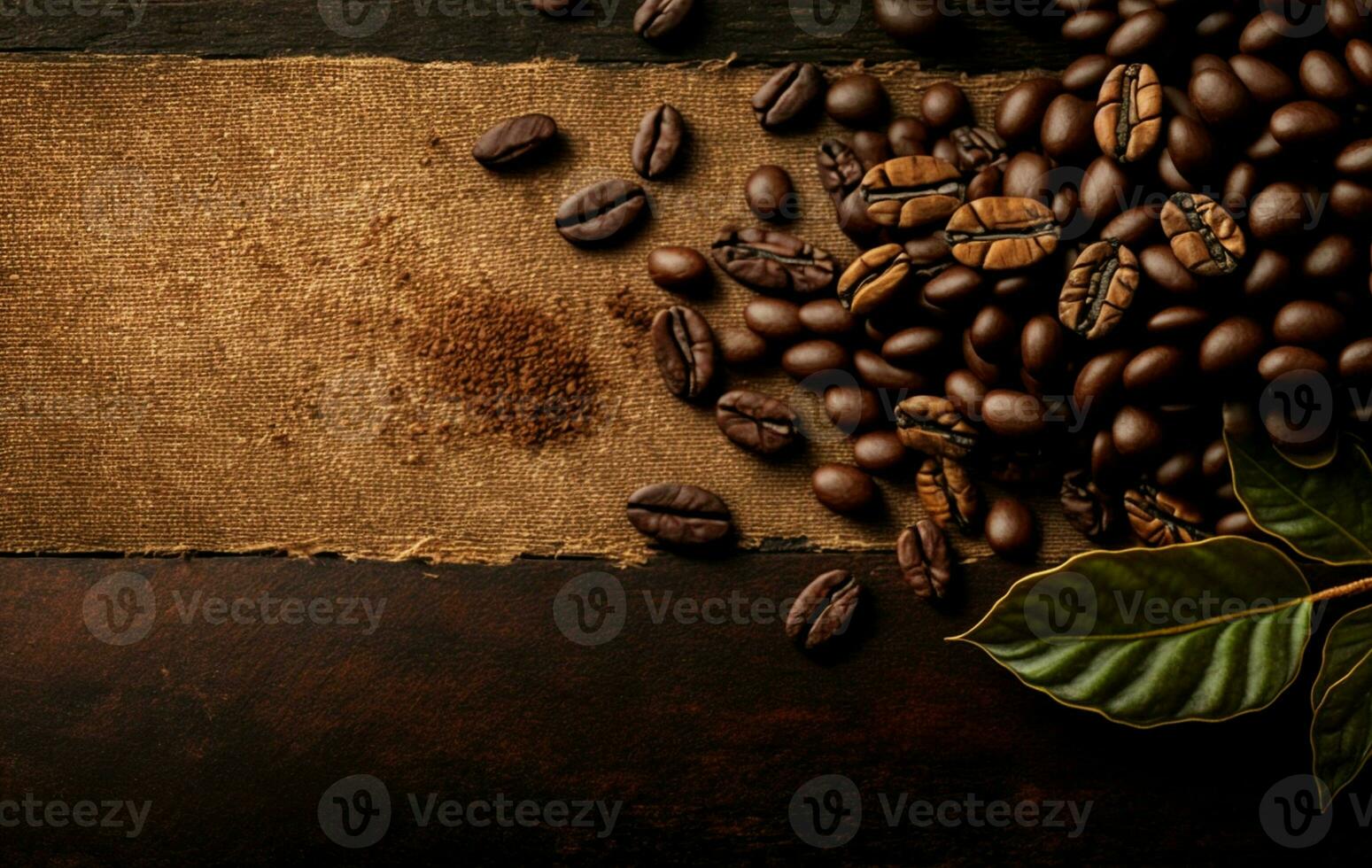 This is an image of fragrant coffee beans on a rustic tabletop background. There is ample copy space available for a banner. AI Generative photo