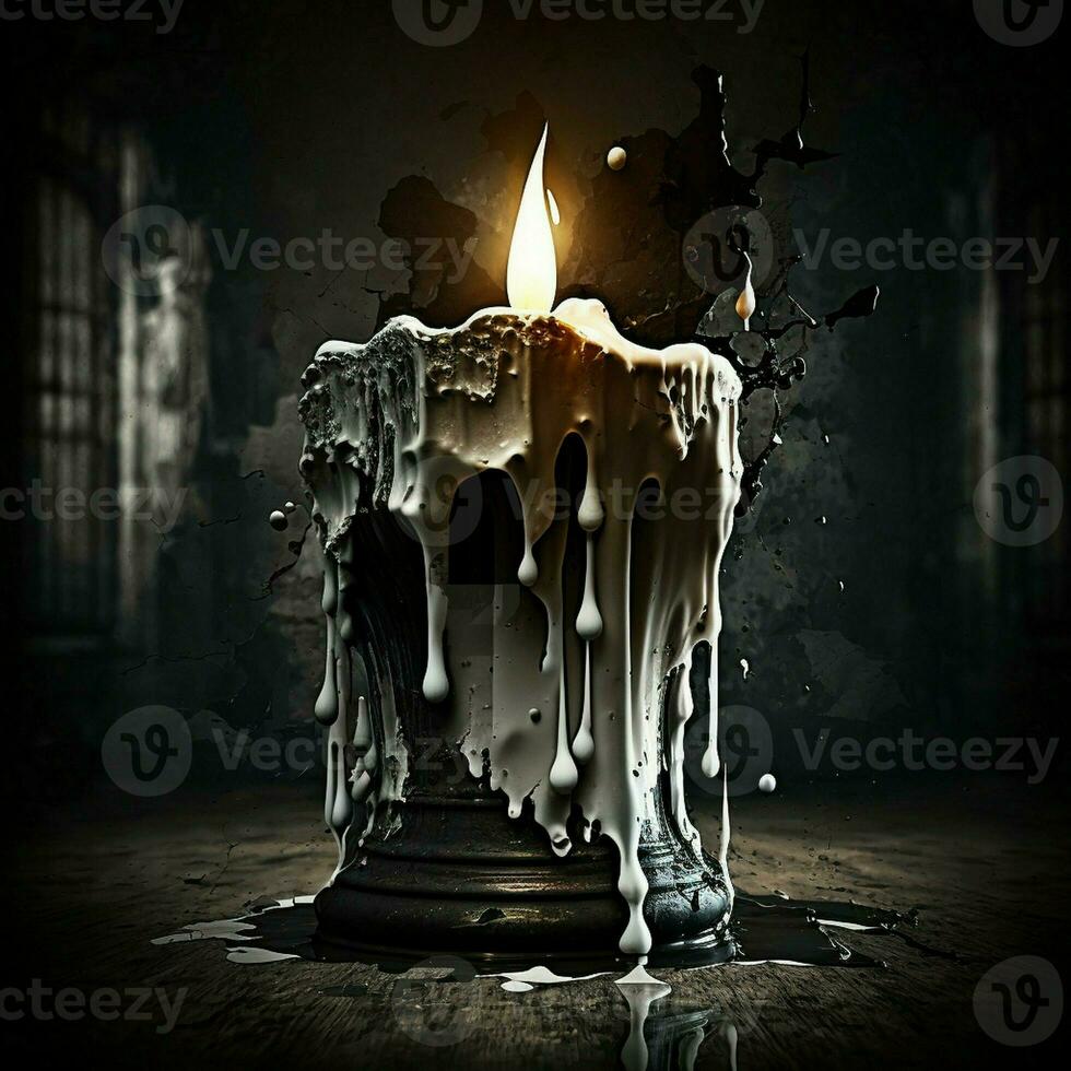 white wax candle burning dripping, flowing in black or dark light fire burn old building background. AI Generative photo