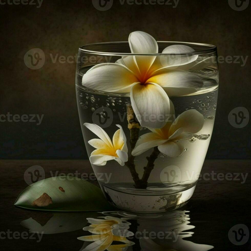 Single frangipani in scented water black background. AI Generative photo