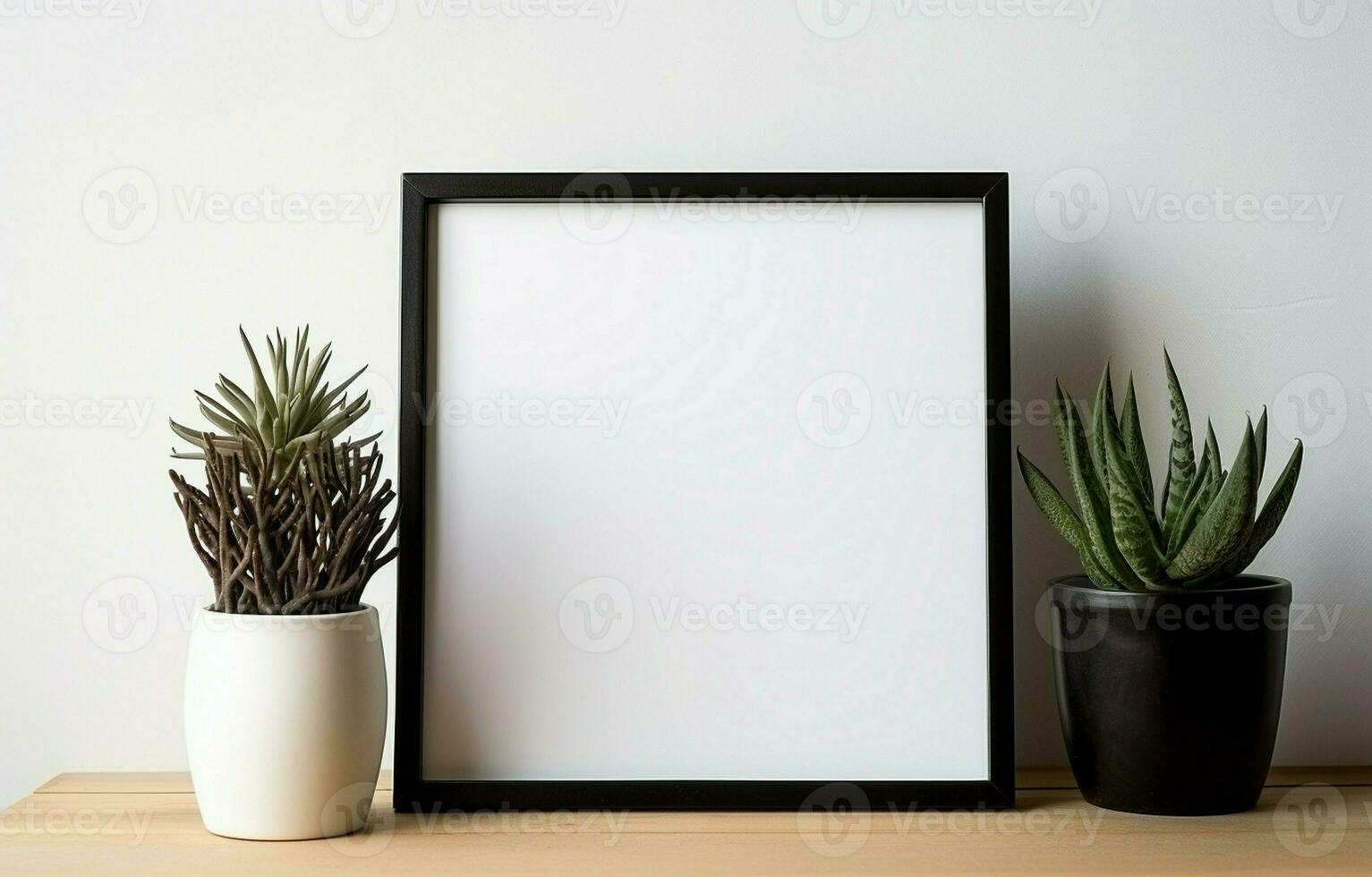 Create a mockup of a black square frame with home decor and potted plants. The shelf and the wall are both white. Copy space. AI Generative photo