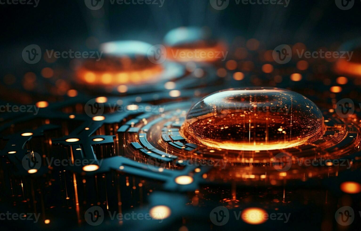 Science fiction background with glowing particles in 3D rendering with bokeh and depth of field. Particles create surface grids and lines. space or the microcosm. AI Generative photo