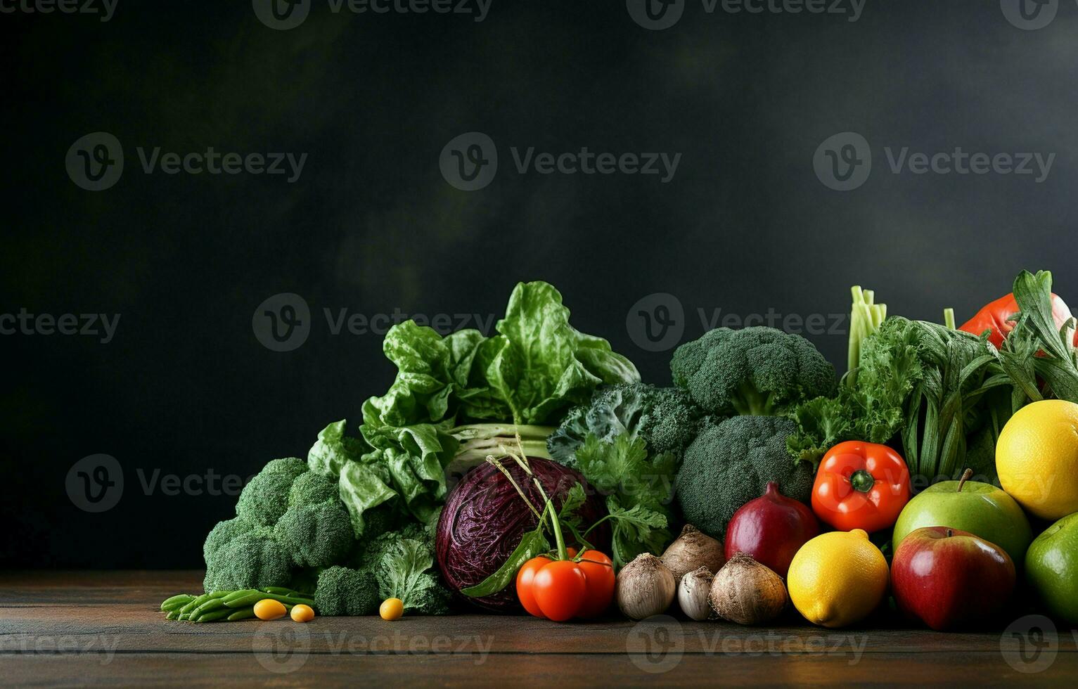 On the left side of the table, with copy space, is a balanced arrangement of vibrantly colored, perfectly ripe fruits and vegetables. AI Generative photo