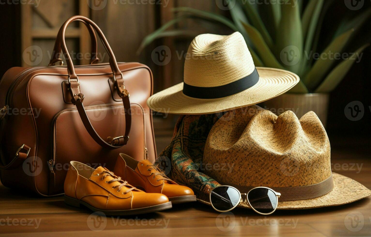 Accessories for a teenage lady on vacation, including a hat, elegant summer sunglasses, a leather bag, shoes, and a costume on a hardwood floor. AI Generative photo