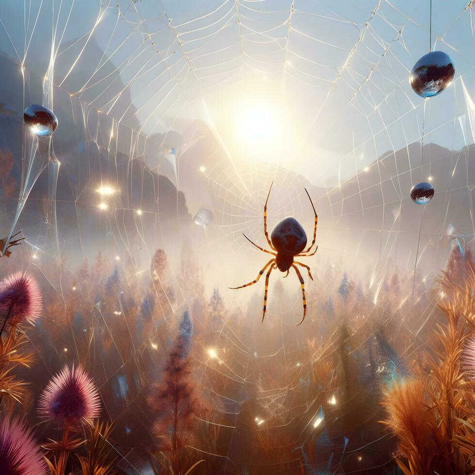 Solar Symphony, Arachnid Architects Weave Radiant Webs That Dance with Sunlight. AI Generated photo