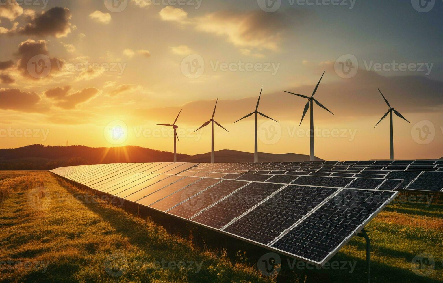 The generation of sustainable green energy using solar energy panel photovoltaic cells and wind turbine farms is a friendly enterprise. Concept of clean, sustainable development. AI Generative photo