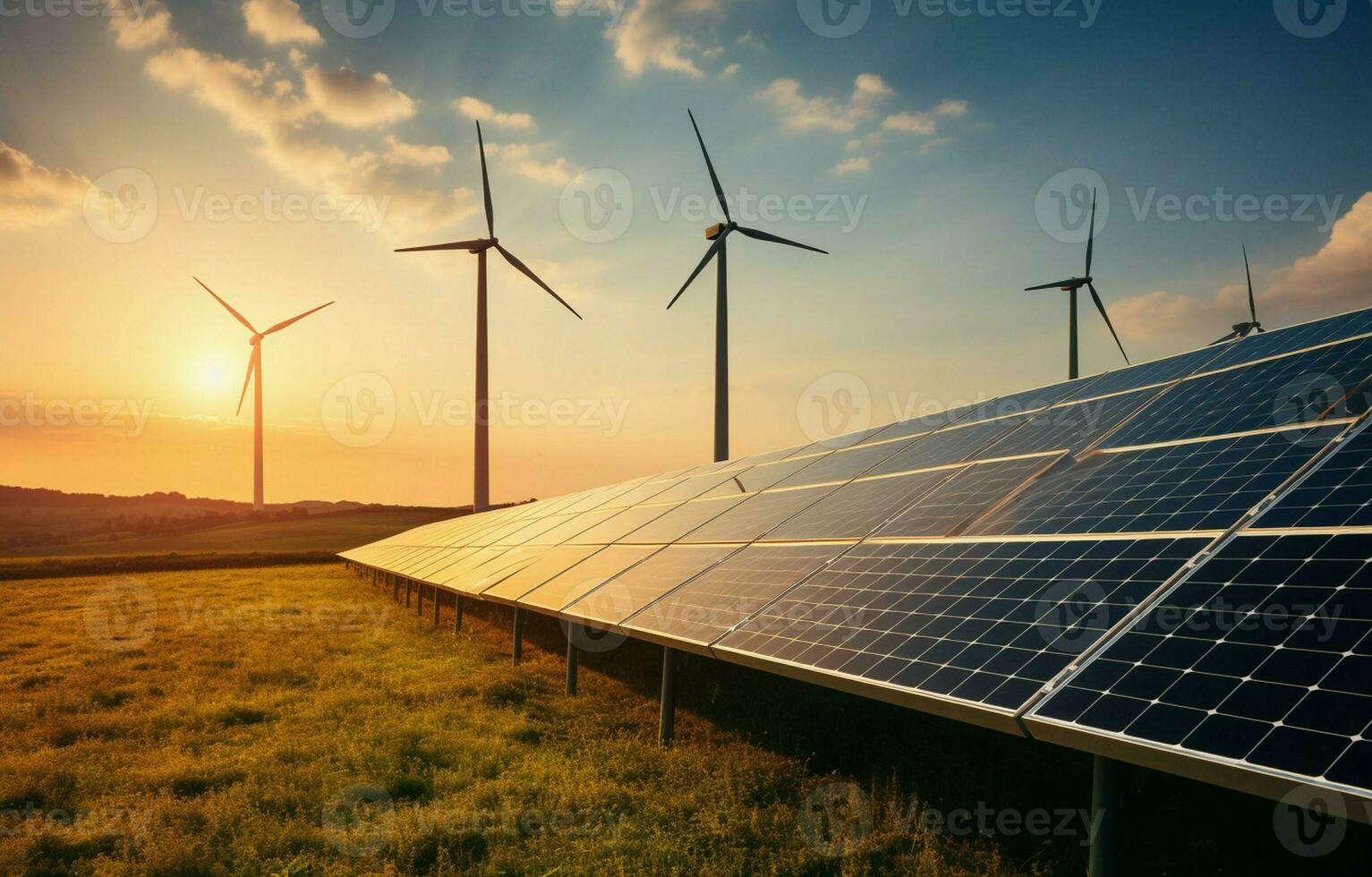 The generation of sustainable green energy using solar energy panel photovoltaic cells and wind turbine farms is a friendly enterprise. Concept of clean, sustainable development. AI Generative photo