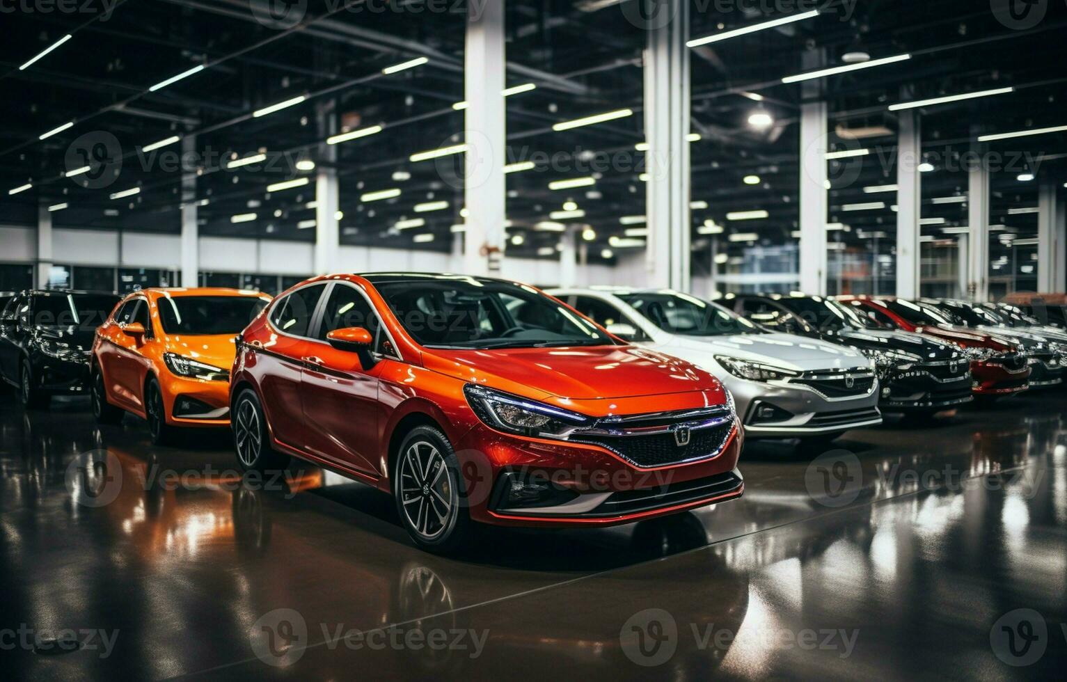 trendy bright auto show A large number of brand-new automobiles are parked in the car dealers' warehouse, which has a contemporary design and mirrors. AI Generative photo