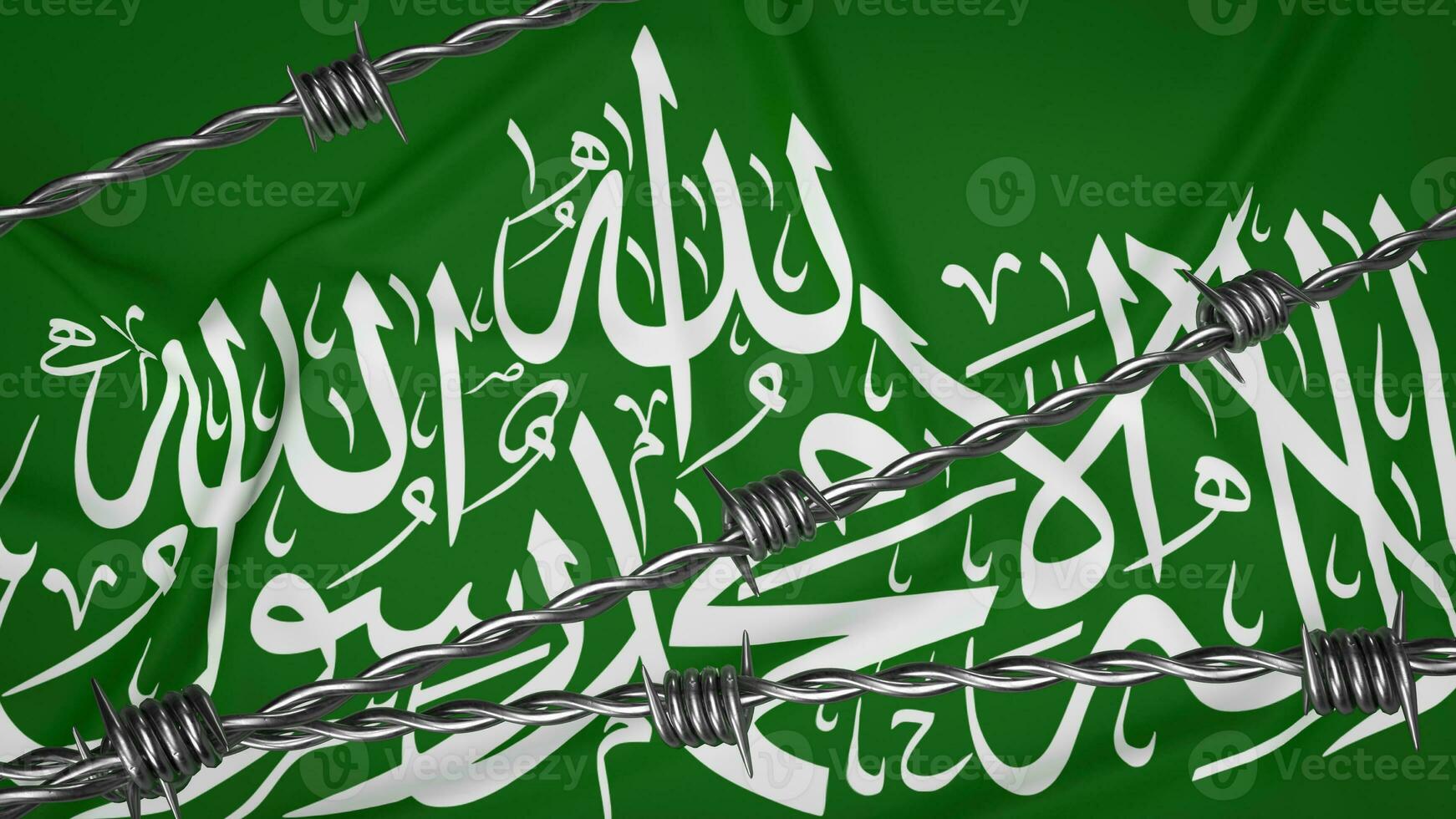 The Hamas flag on fire background 3d rendering photo