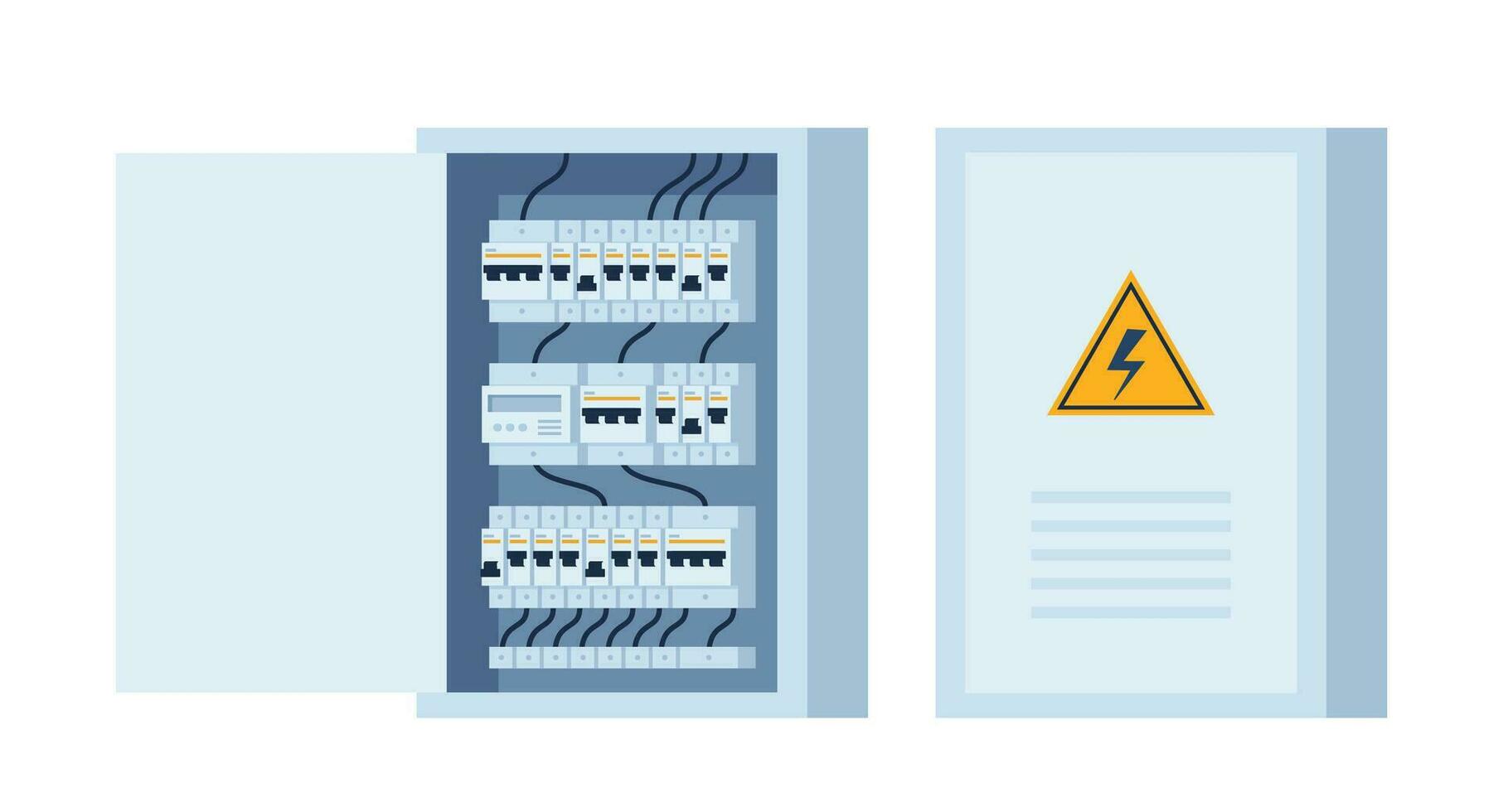 Electrical panel with switches, fuse, contactor, wire, automatic circuit breaker. Stainless steel switchboard box. Power distribution device. Vector illustration.