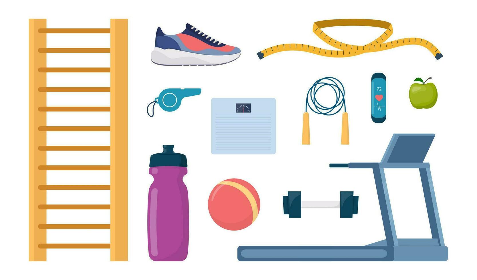 Gym sport fitness exercise workout equipment set icons. Treadmill, dumbbells, fitness bracelet, ball, sneakers, jump rope, bottle, whistle, apple. Vector illustration.