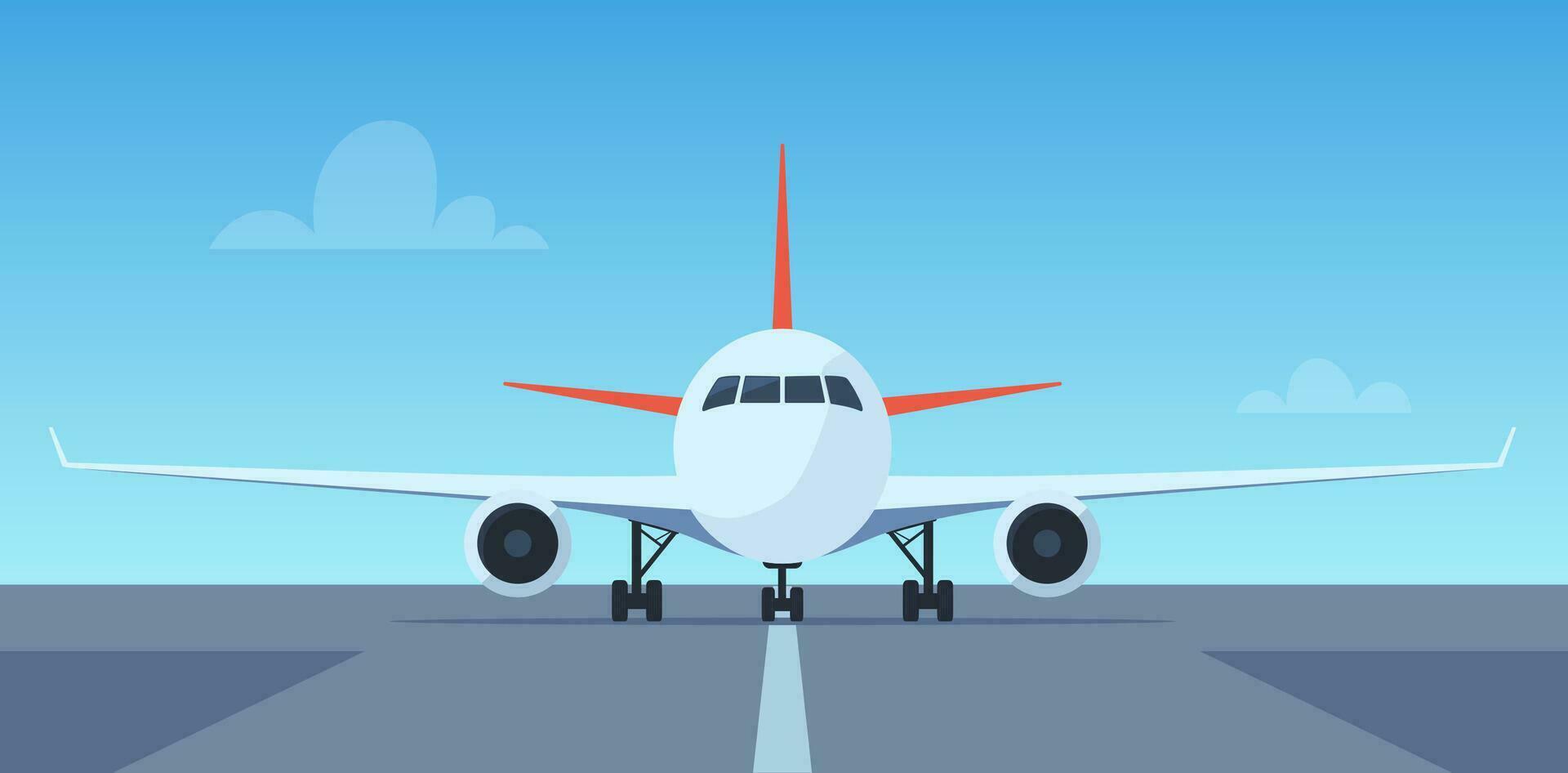 Passenger airplane on runway, front view. passenger aircraft takeoff illustration. Airport with aircraft on airfield. Vector illustration.