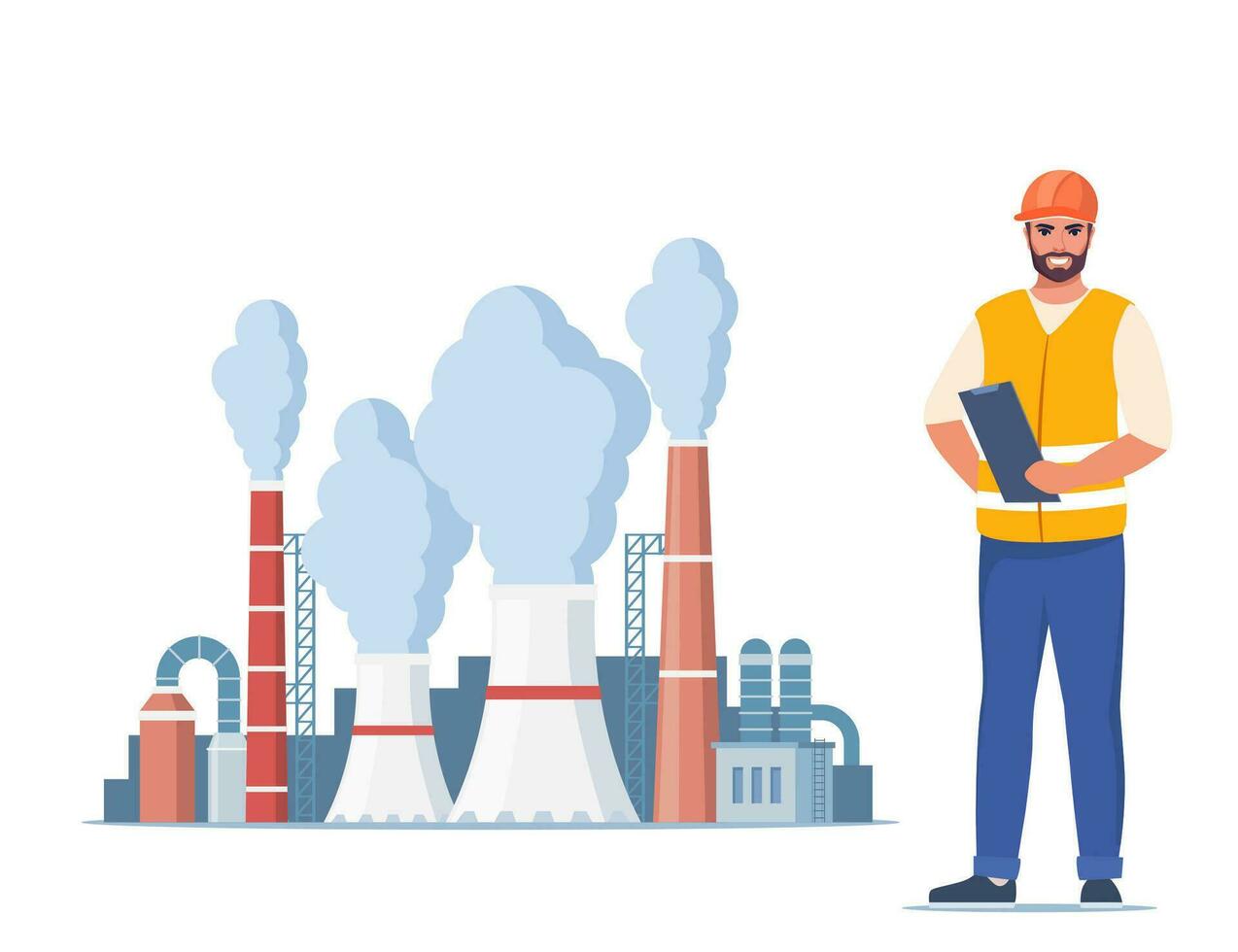 Engineer in orange vest and protective helmet. Factory plant with smoking towers and pipes. Management worker man. Vector illustration.