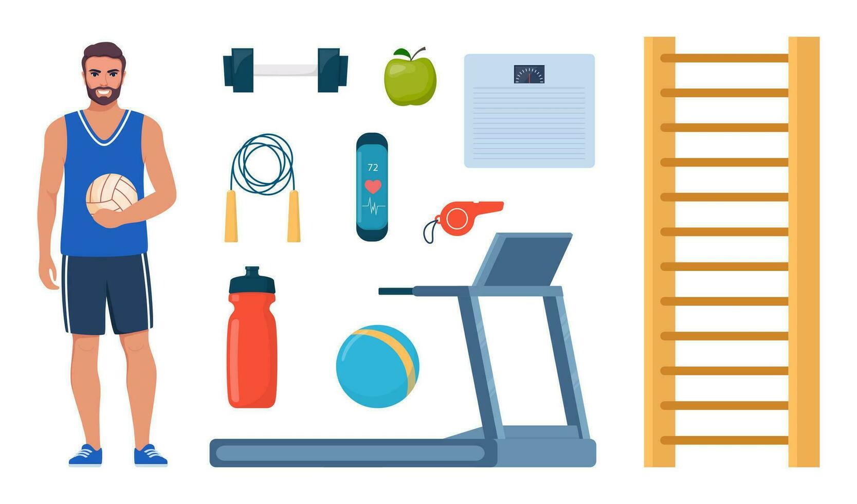 Man dressed in sports clothes. Gym sport fitness exercise workout equipment set icons. Treadmill, dumbbells, fitness bracelet, ball, sneakers, jump rope, bottle, whistle, apple. Vector illustration.