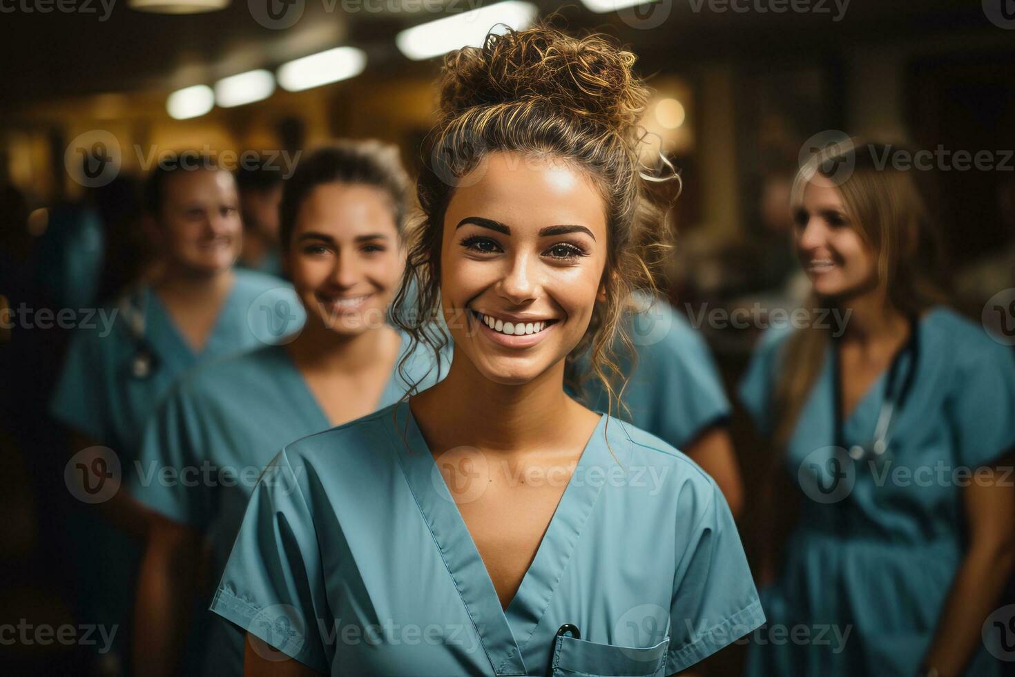 Young nursing student standing in front of her team, created with generative AI photo