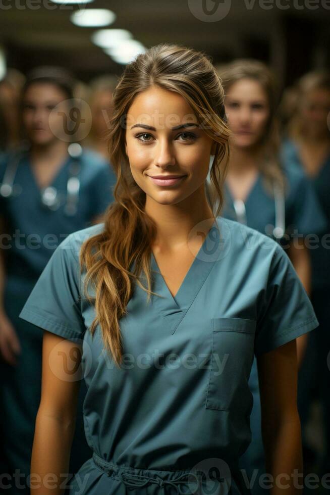 Young nursing student standing in front of her team, created with generative AI photo