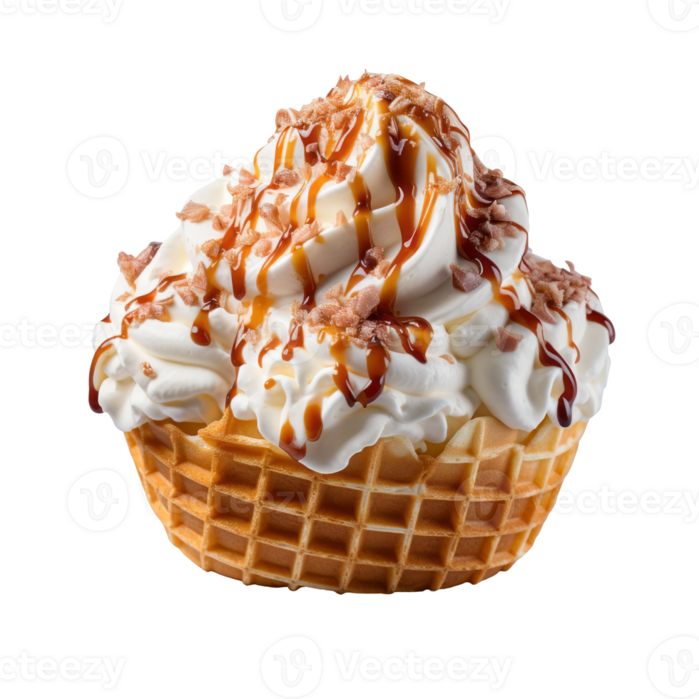 Ice cream scoop on waffle cone isolated on transparent background, created with generative AI png