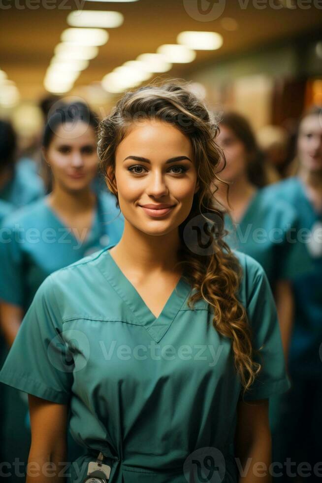 Young nursing student standing in front of her team, created with generative AI photo