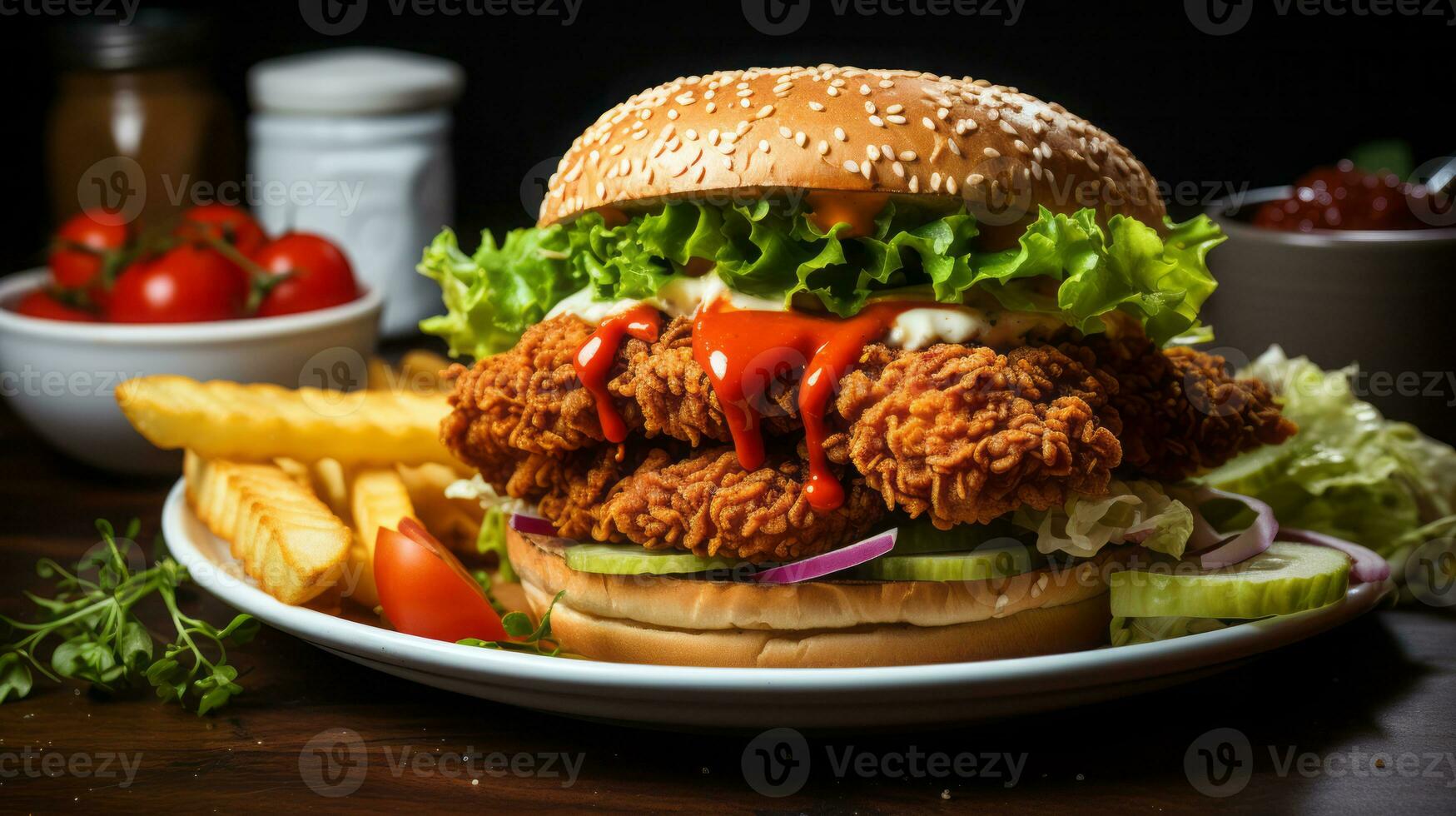 Burger with chicken nuggets and French fries on a wooden table. AI Generated. photo