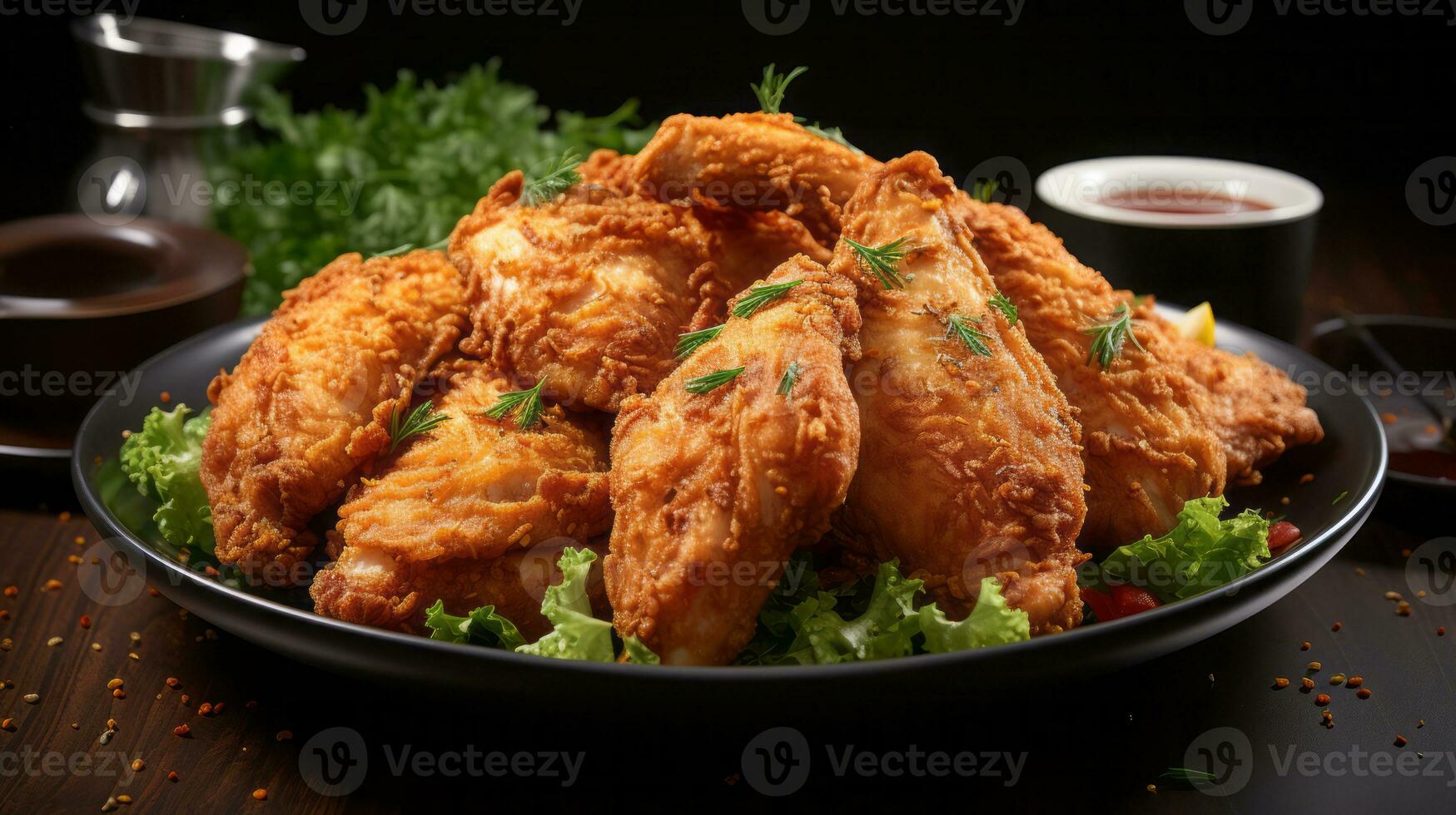 Crispy fried chicken wings with herbs on wooden table. AI Generated. photo