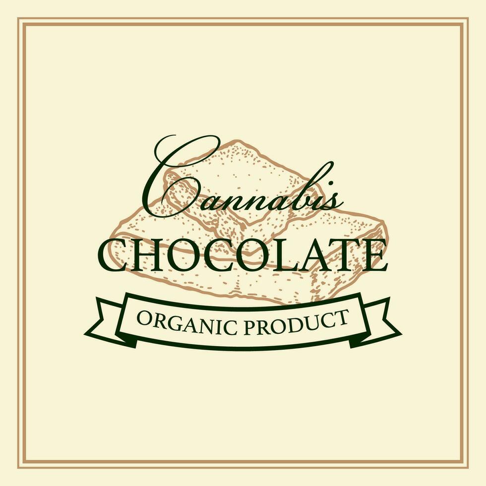 Cannabis chocolate packaging design. Marijuana logo template with hand drawn elements. Vector illustration in sketch style