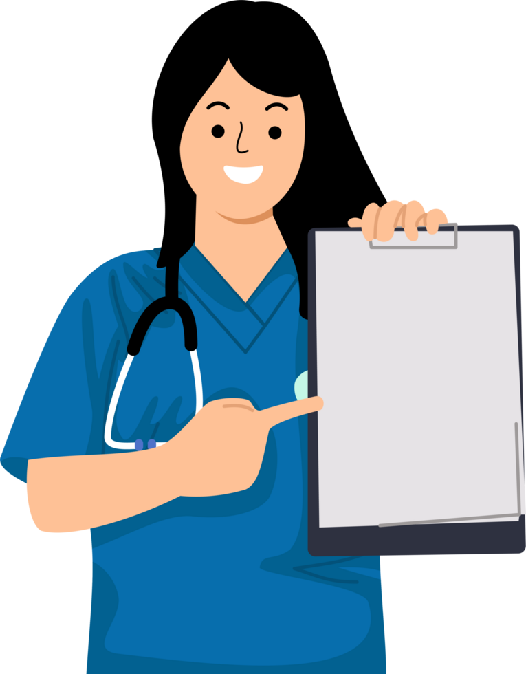 young woman nurse with a stethoscope pointing at clipboard paper medical check up png