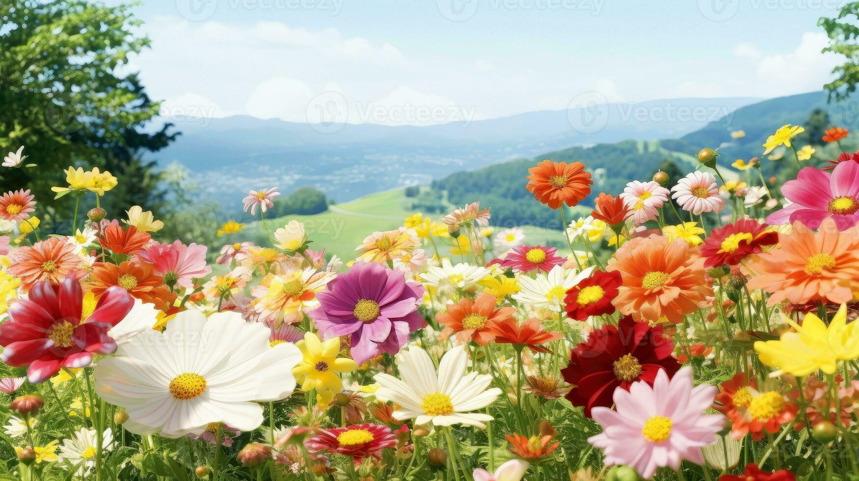 Colorful natural spring landscape with with flowers,selective focus, Generative AI illustration photo