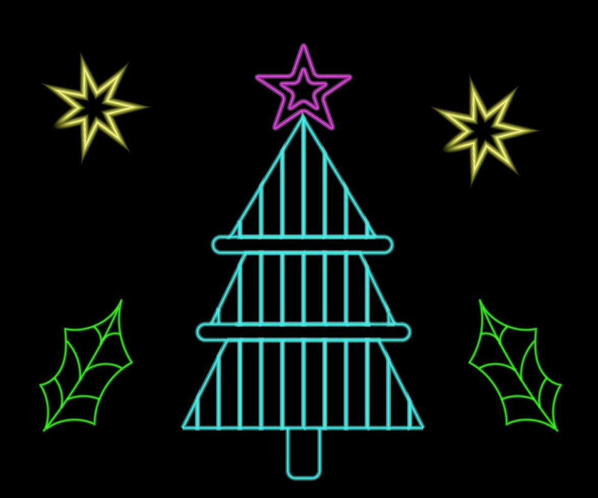 Abstract glowing neon christmas tree sign lgiht with on and off versions. Vector illustration