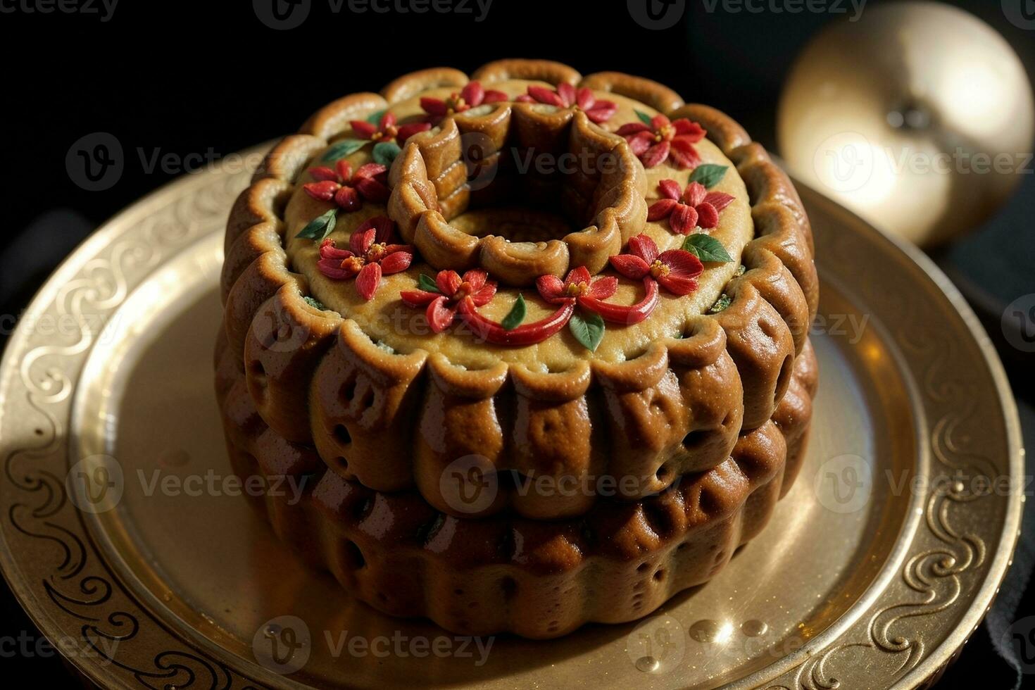 Exquisite Delights A Captivating Close up of a Vibrantly Decorated Moon Cake. AI Generated. photo
