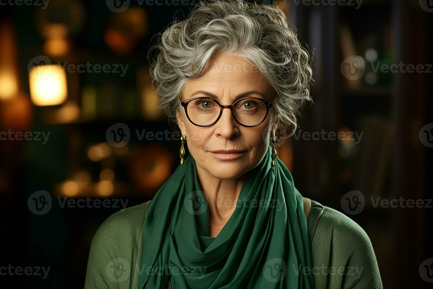 Ai generated studio portrait of trendy old elderly woman on different colour background in glasses and headphones photo