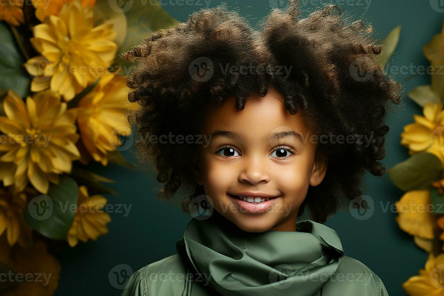 Ai generated studio portrait of cute little curly african girl on different colours background photo