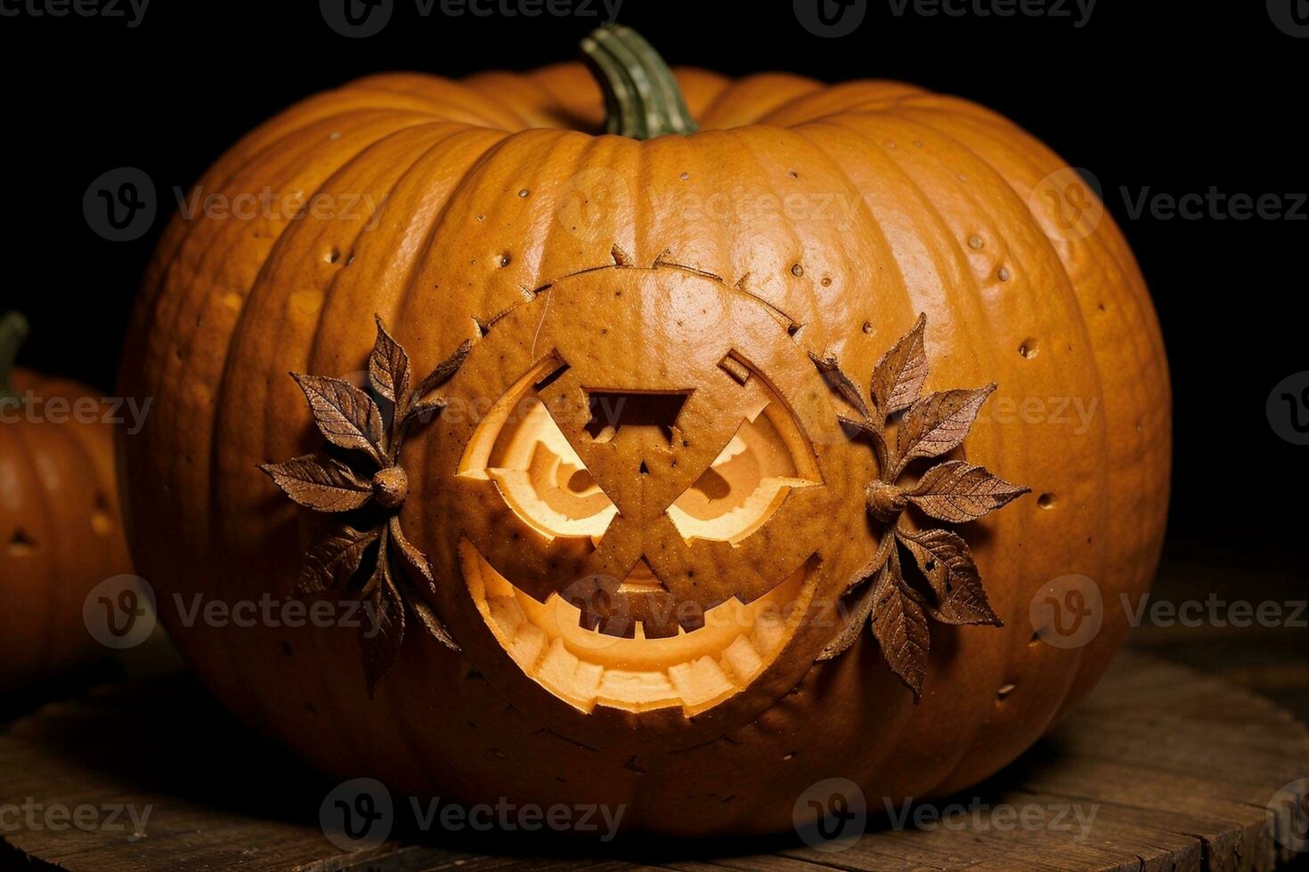 Enchanting Harvest A Close up of a Intricately Carved Pumpkin. AI Generated. photo