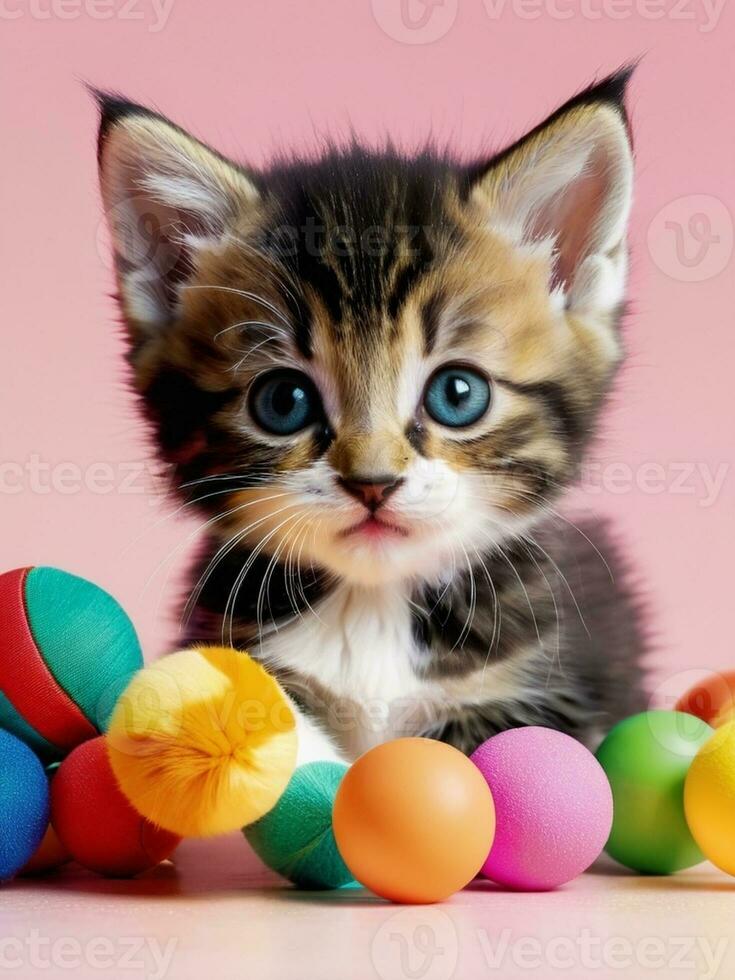 Playful Kitten and a Colorful Pack A Delightful Display of Cuteness. AI Generated. photo