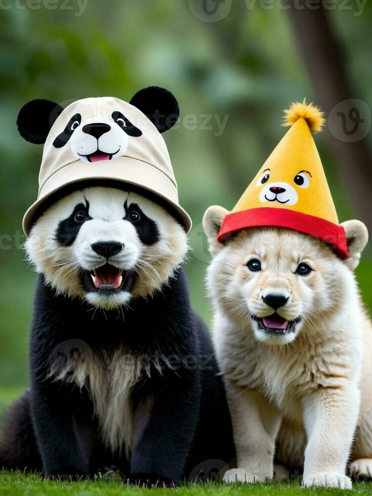 sombrero fantástico trío juguetón panda león y lobo espectáculo apagado su estilo. ai generado. foto