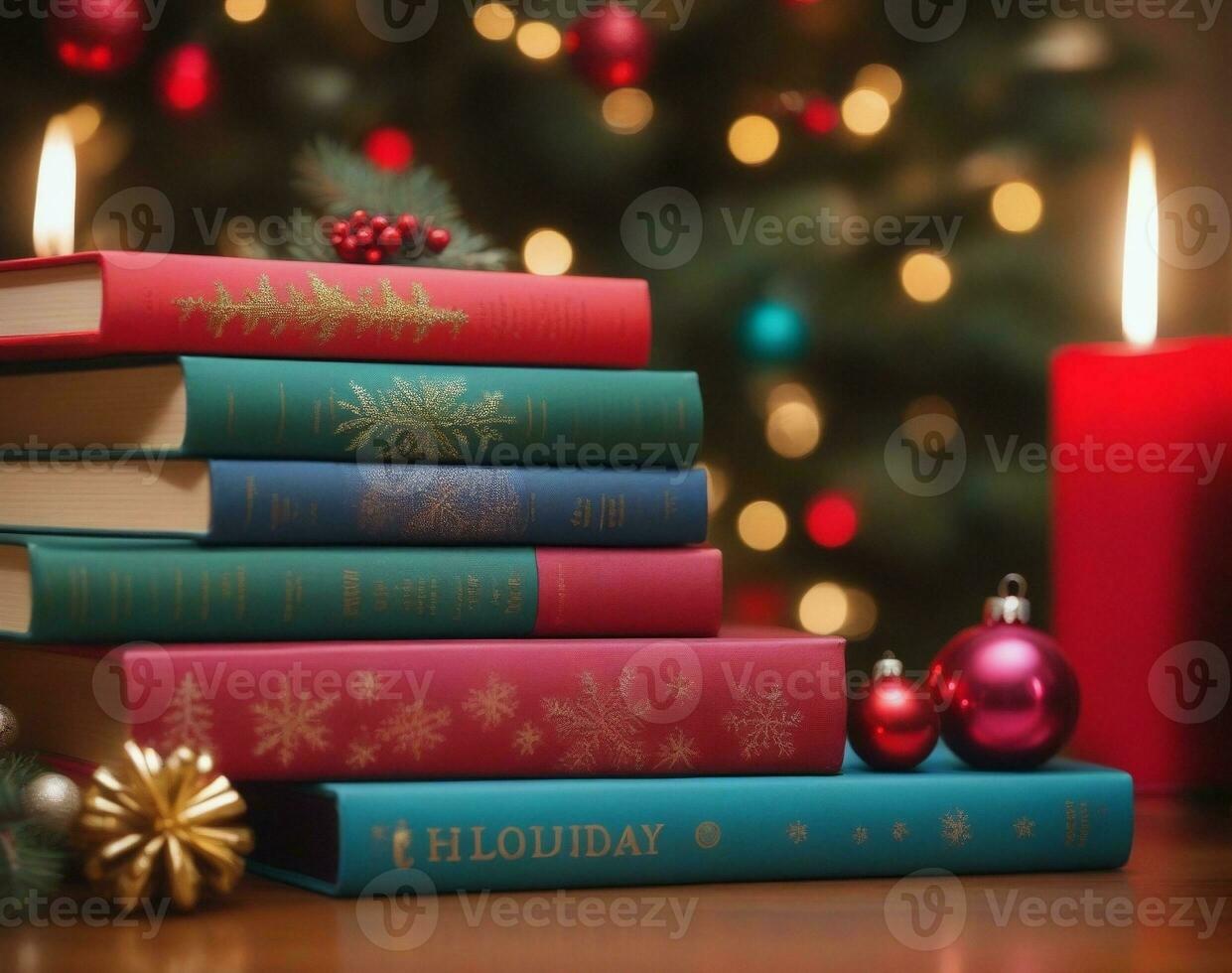 Festive Holiday Books with Whimsical Illustrations. AI Generated. photo