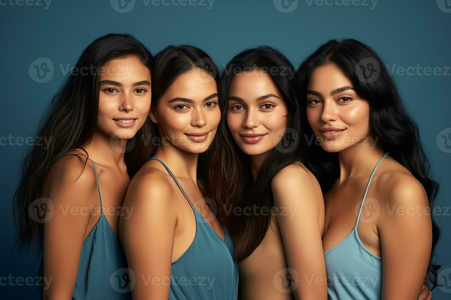 Ai generated Studio portrait of three few beautiful young woman standing together in hug on different colour background photo