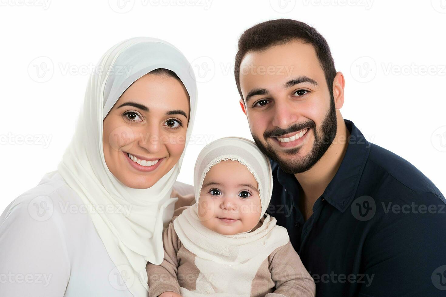 Ai generated Studio portrait of beautiful parents with infant baby holding on hands on different colours background photo