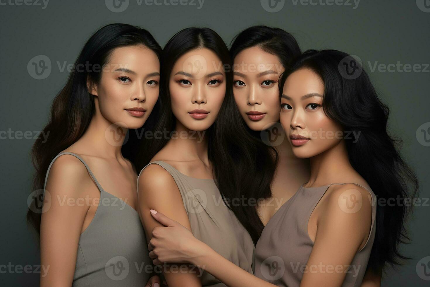 Ai generated Studio portrait of three few beautiful young woman standing together in hug on different colour background photo