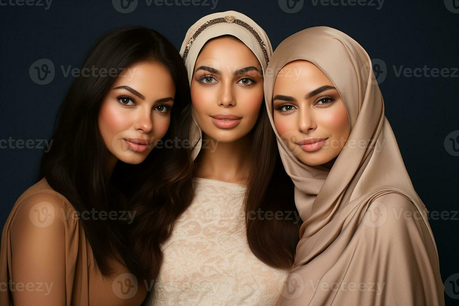 Ai generated Studio portrait of three few beautiful young woman standing together in hug on different colour background photo