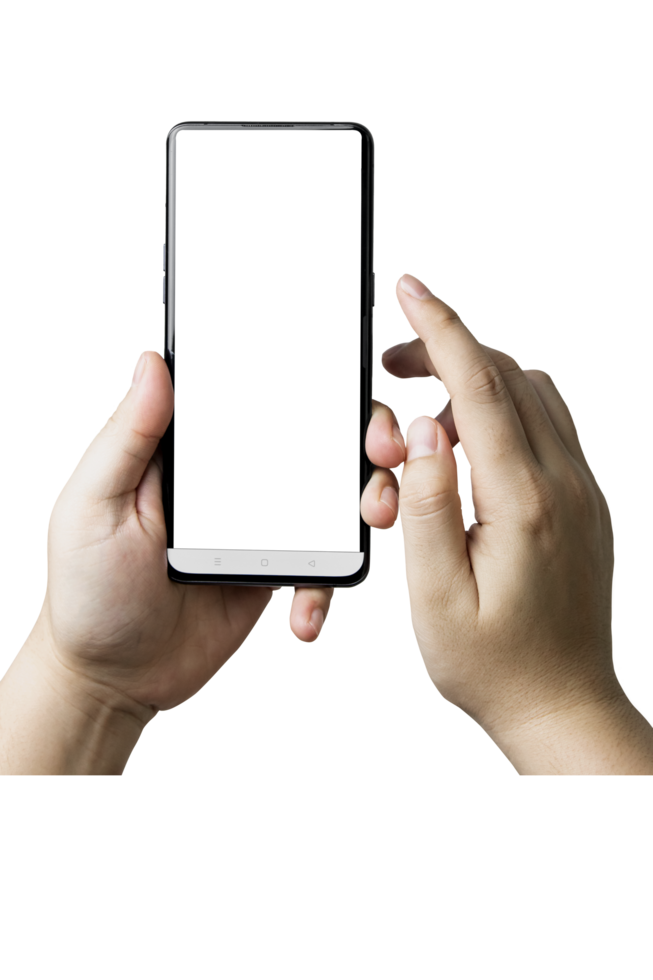 Male hands touching screen mobile phone a vertical smartphone with blank screen isolated on background. with copy space and design advertisements or public relations. png