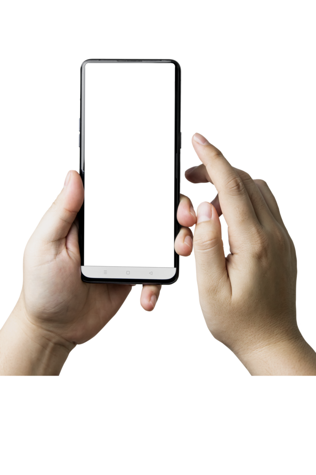 manlig händer rörande skärm mobil telefon en vertikal smartphone med tom skärm isolerat på bakgrund. med kopia Plats och design annonser eller offentlig relationer. png