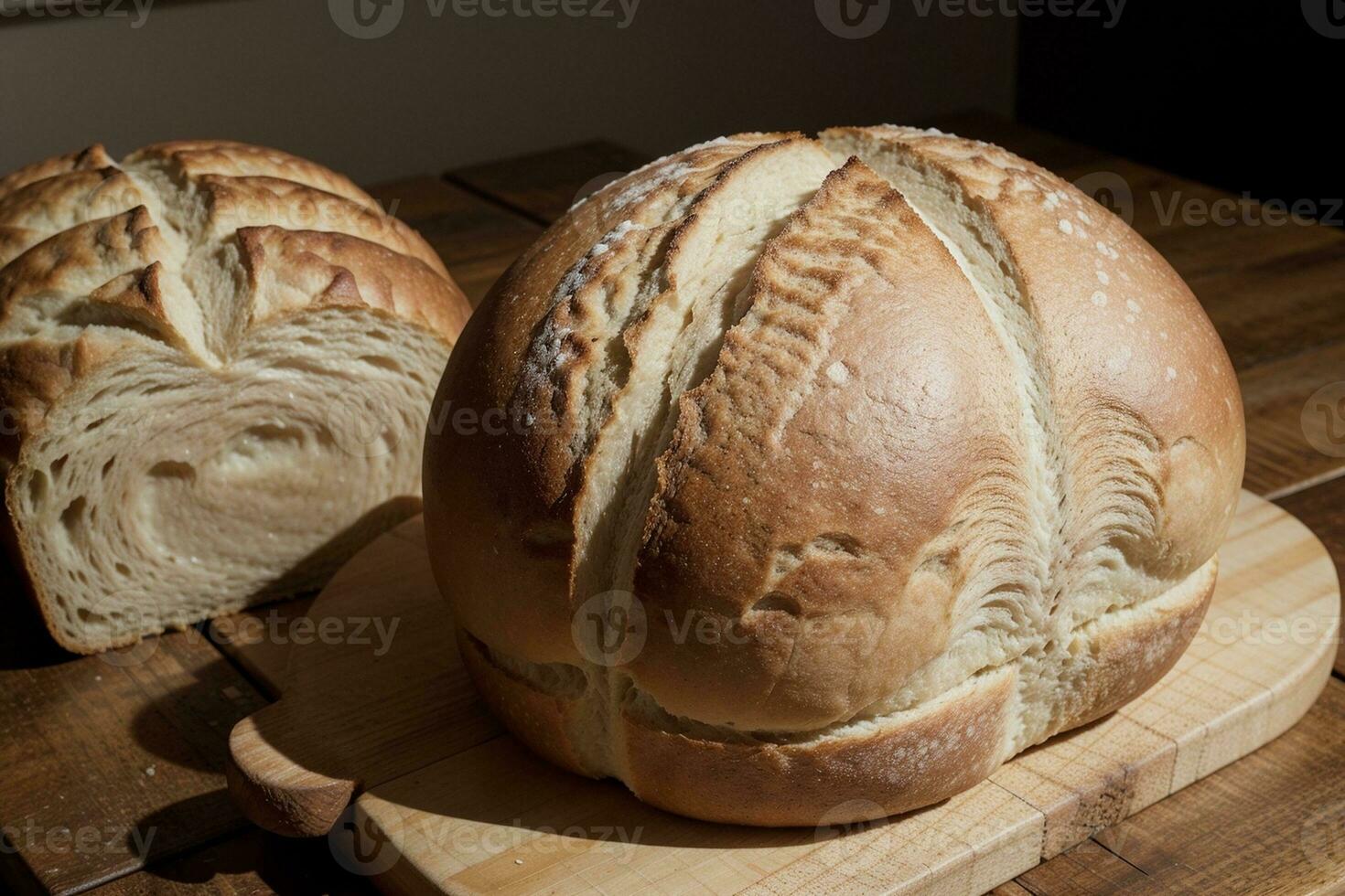 tentador delicias recién horneado un pan en un rústico mesa. ai generado. foto