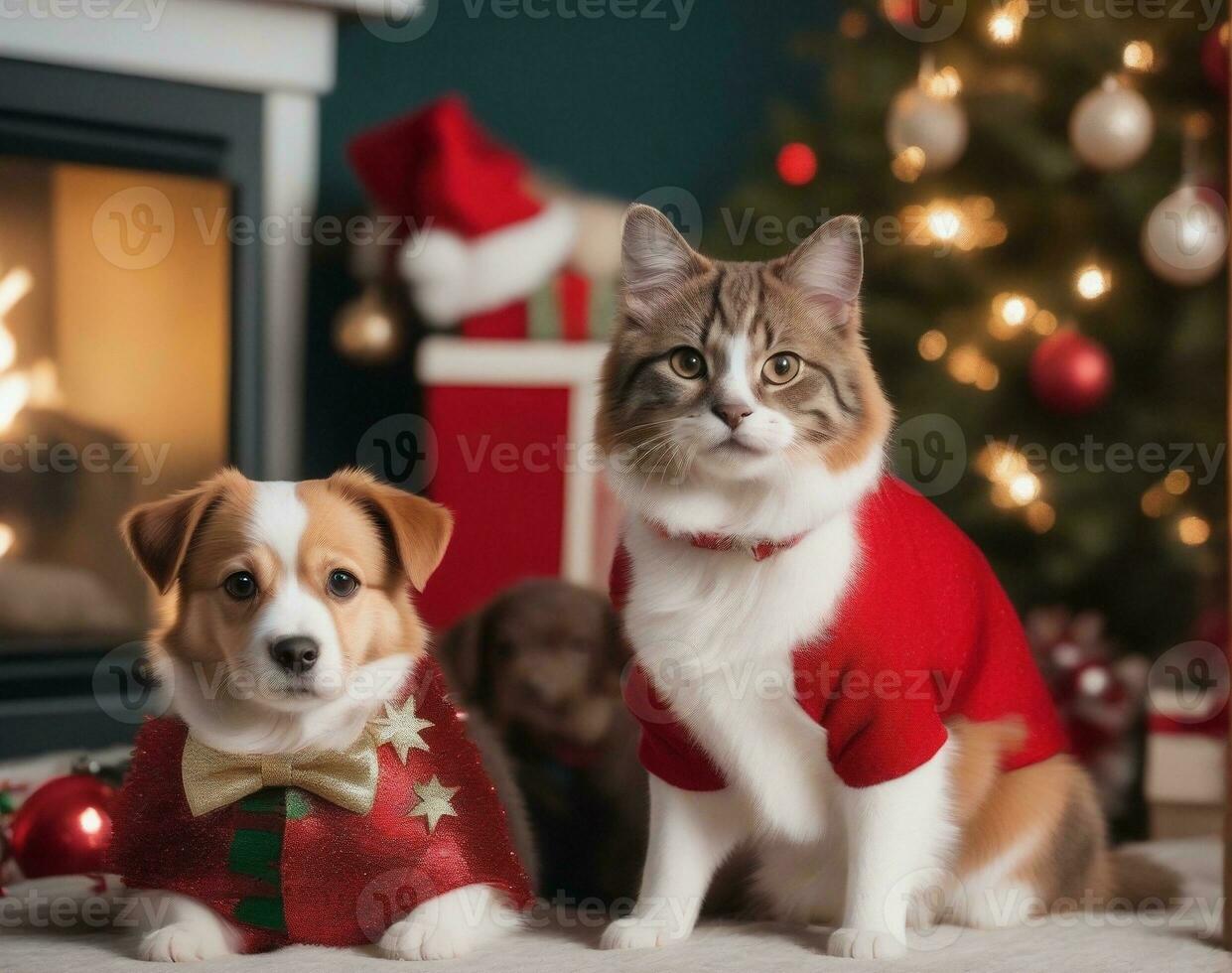 Festive Pet Outfits Adorable Pets in Playful Poses. AI Generated. photo