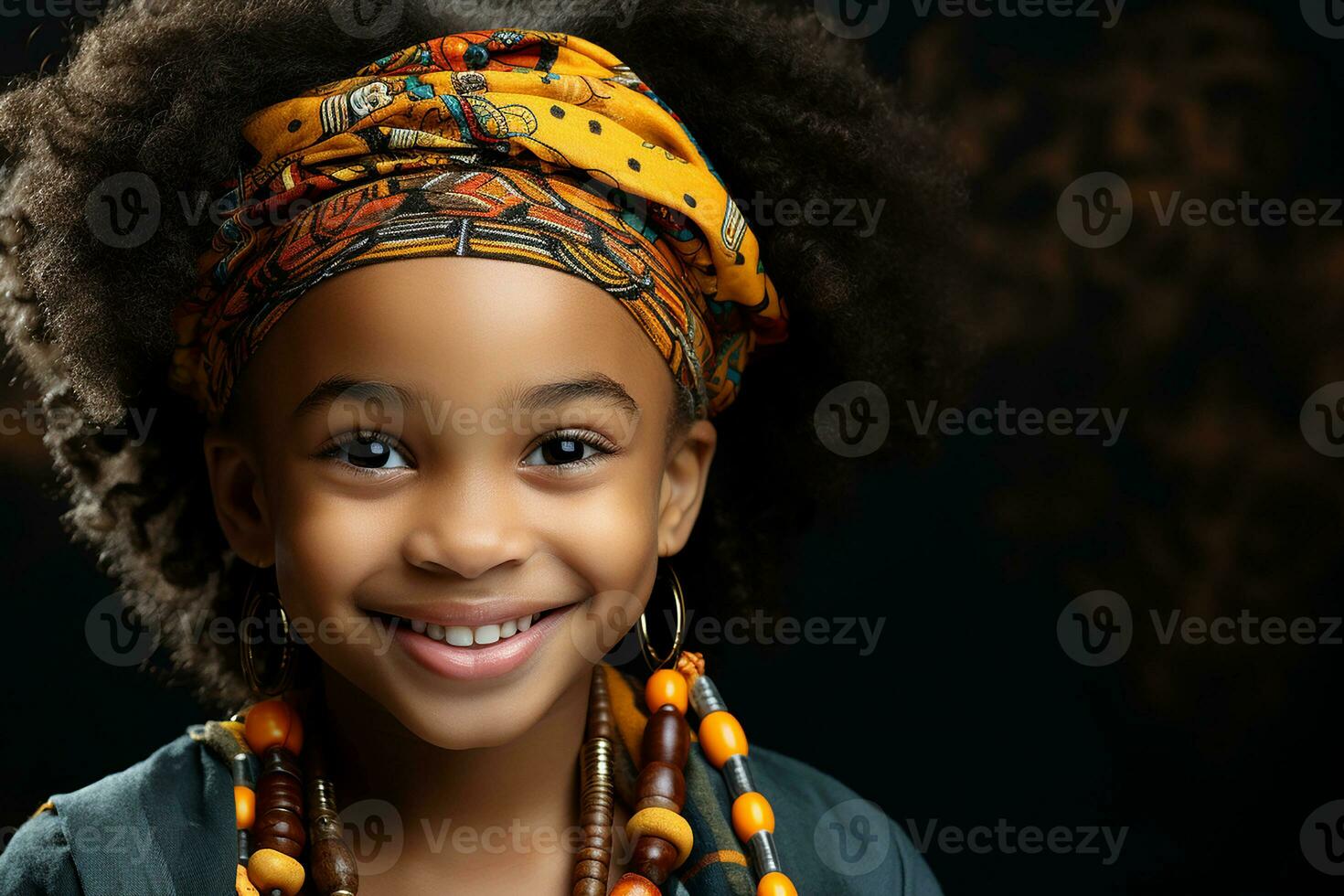 Ai generated studio portrait of cute little curly african girl on different colours background photo