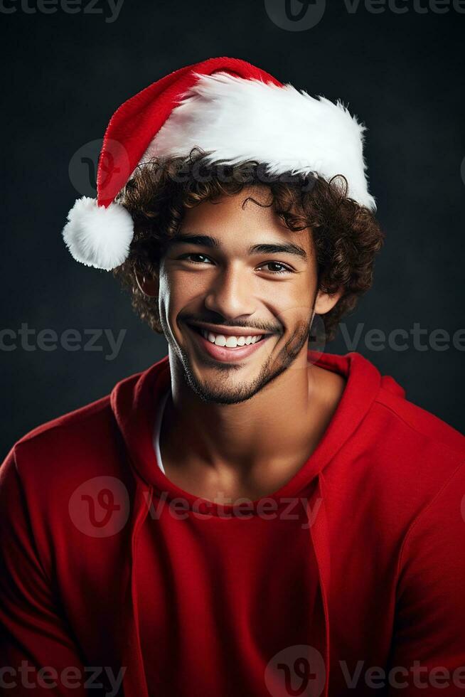 ai generado retrato de hermoso sonriente hombre en Papa Noel claus vistiendo foto