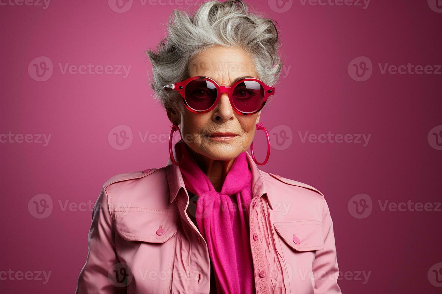 Ai generated studio portrait of trendy old elderly woman on different colour background in glasses and headphones photo