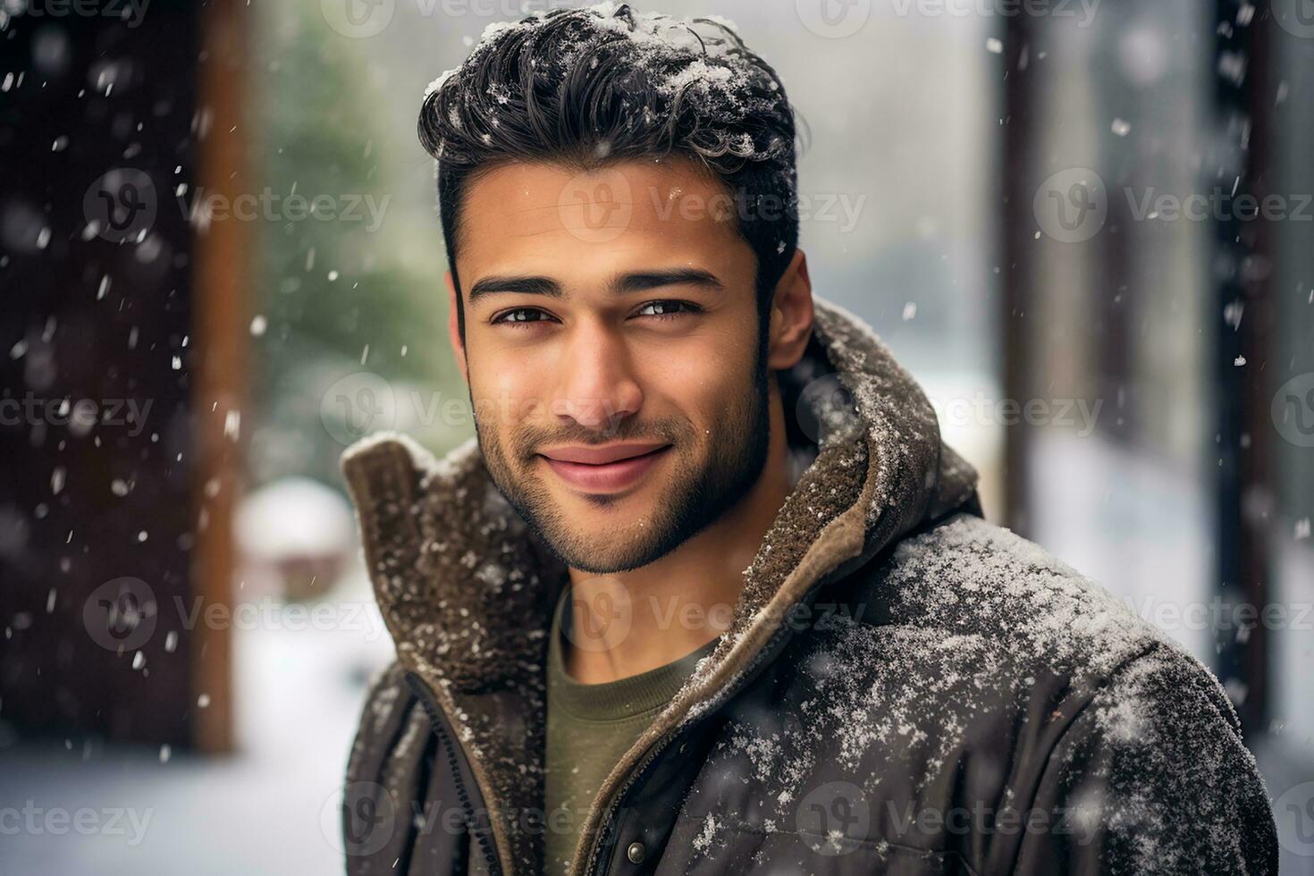 Ai generated portrait of handsome smiling man standing under the snowing photo