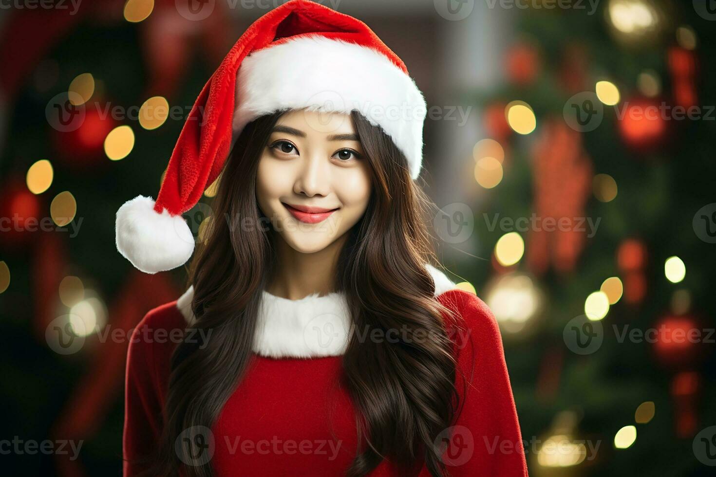 ai generado retrato de hermosa sonriente mujer en Papa Noel claus vistiendo foto