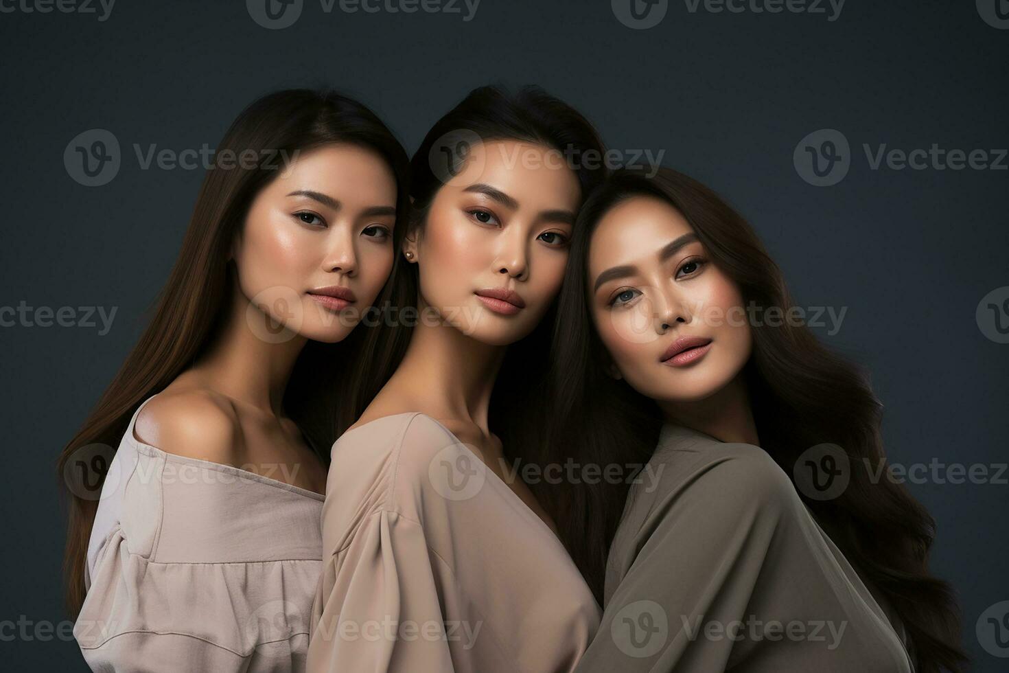 Ai generated Studio portrait of three few beautiful young woman standing together in hug on different colour background photo