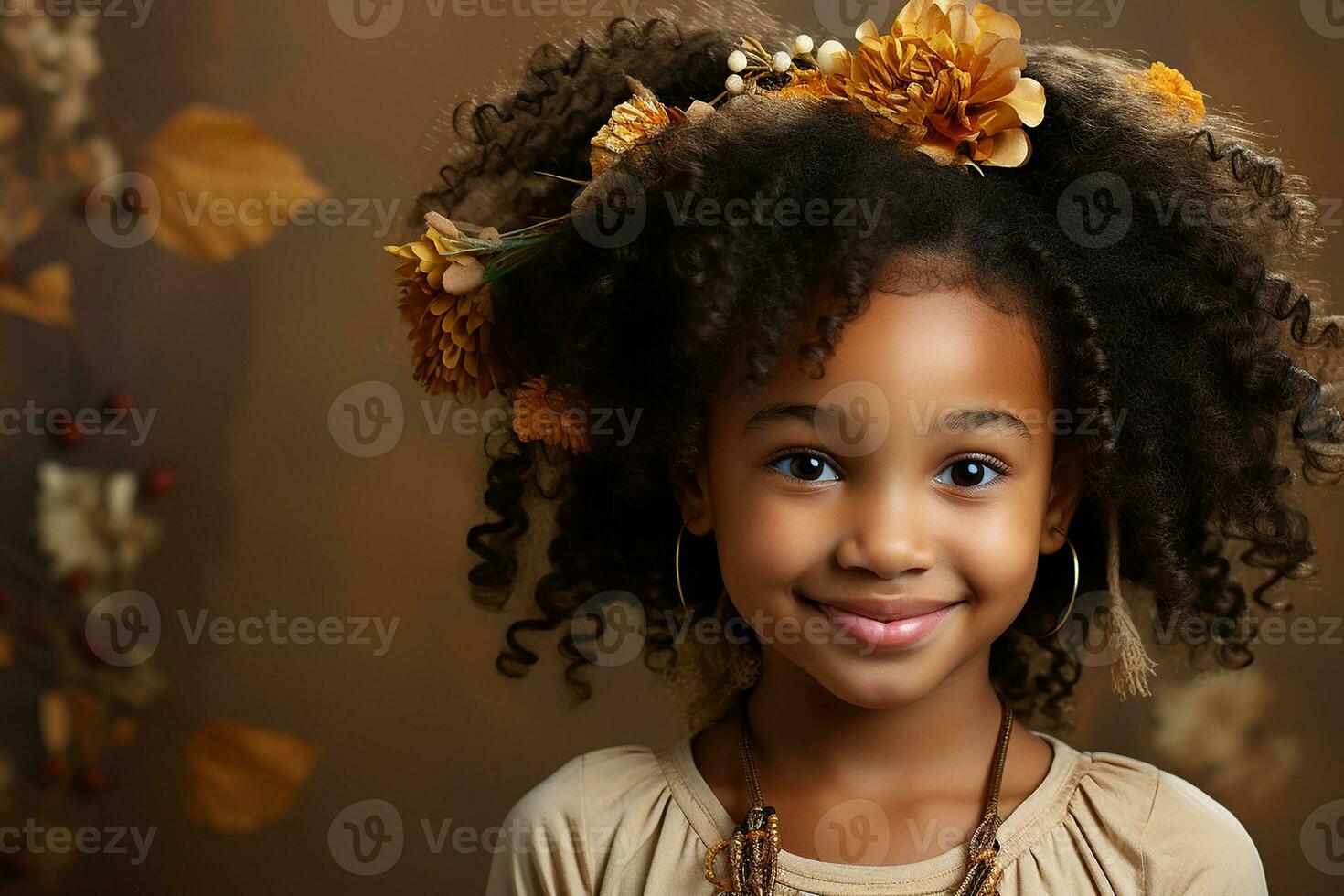 Ai generated studio portrait of cute little curly african girl on different colours background photo